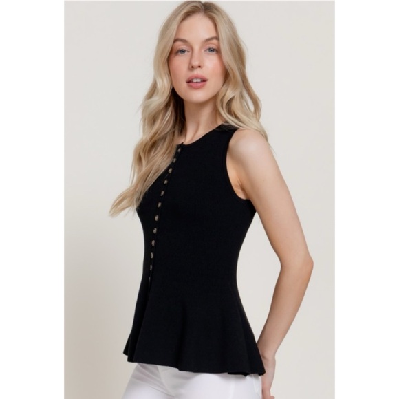 1154 • Black Soft Rib Knit Sleeveless Peplum Button Front Top - Picture 4 of 5